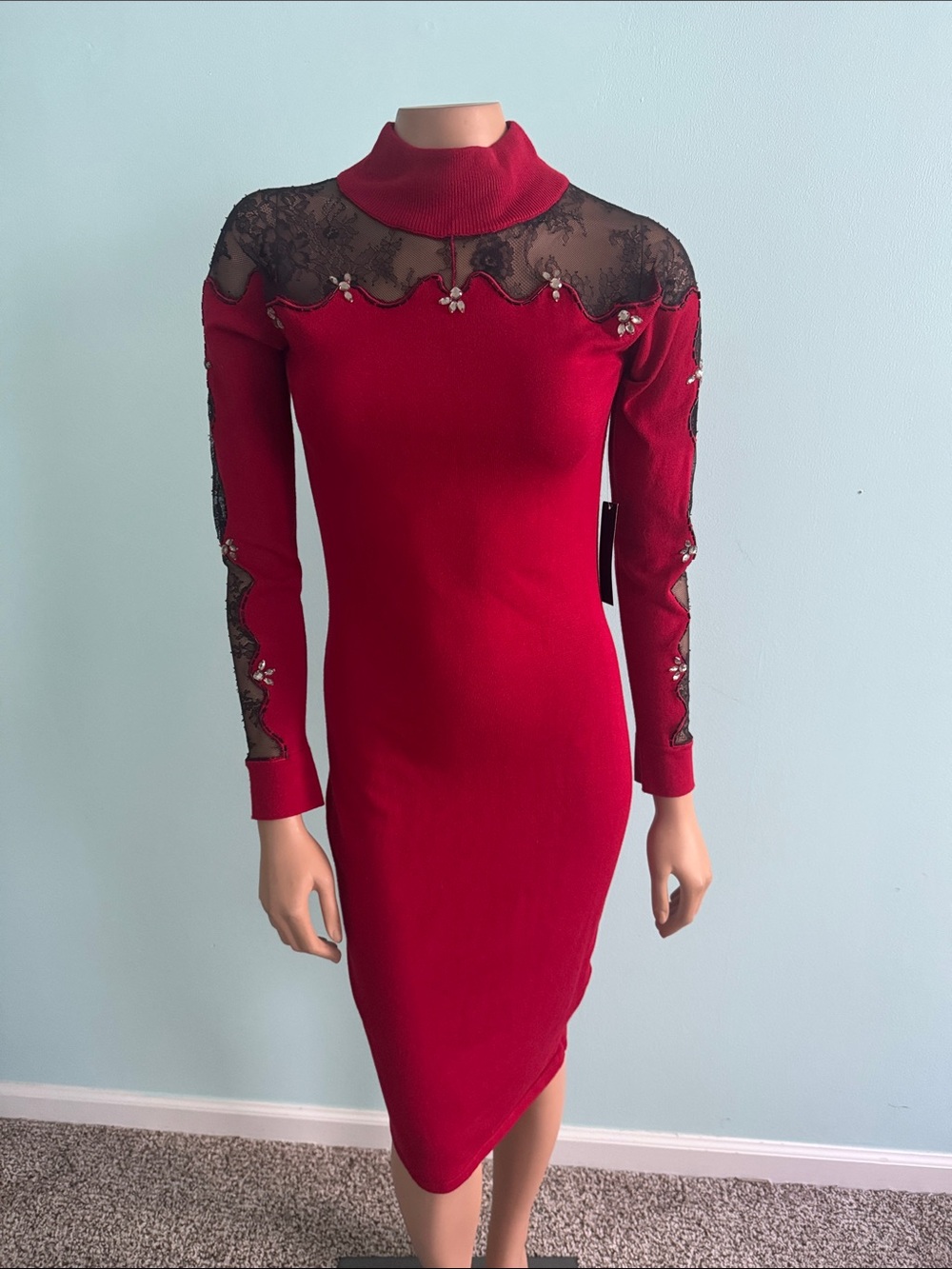 NWT! Venus Women's Red Lace-Trim Turtleneck Bodycon Dress size S